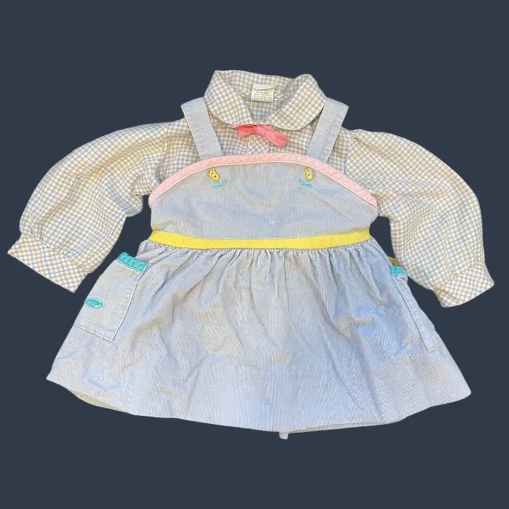 Vintage 70s Pastel Blue Pink Tulip Corduroy Romper + Plaid Shirt Set Baby 2T